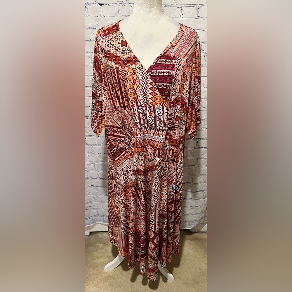 CJ Banks Dress Womens Plus Size 2X printed Stretch Knit V-Neck Dress